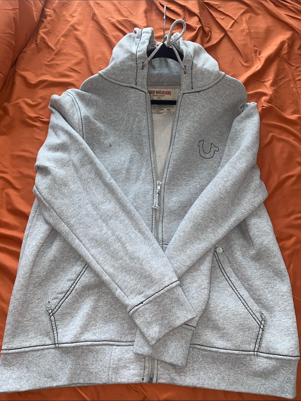 True Religion Women's Light Gray Zip-Up Teddy Jacket with Hood